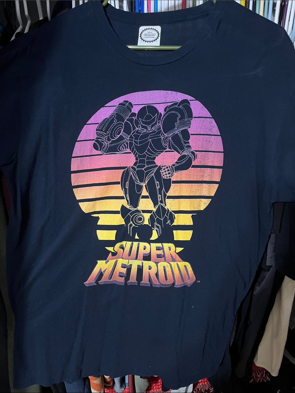 Nintendo Super Metroid Graphic Tee - Navy Blue with Pink & Yellow Gradient